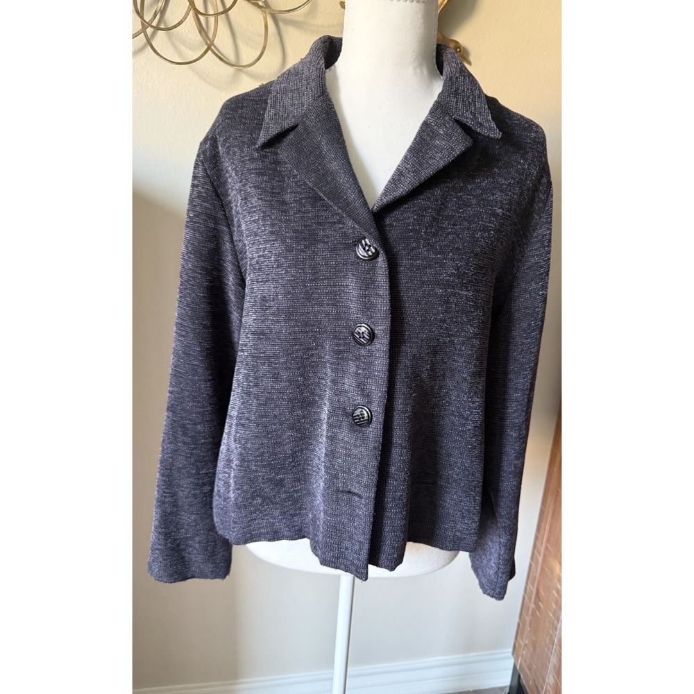 First Option Petite Womens Blazer Jacket Size PL Gray Textured Knit Button Front
